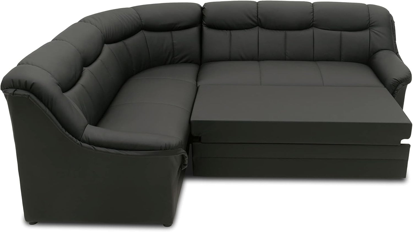 DOMO. collection Berlin Corner Sofa, Timeless Leather Corner Sofa with High-Quality Spring Core Padding, L-shaped Faux Leather, Couch 205 x 250 x 89 cm, Black