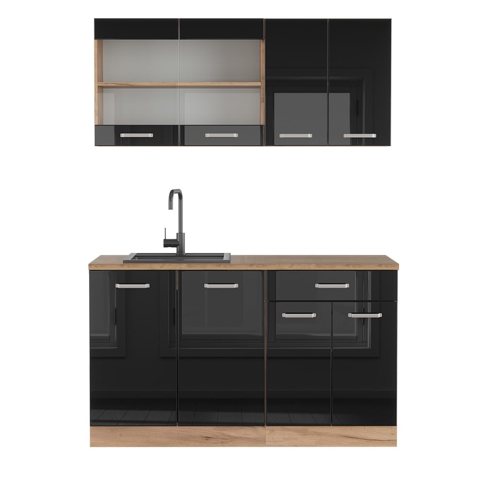 Vicco Single Kitchen R-Line, Black High Gloss / Gold Kraft Oak 140 cm, without Worktop