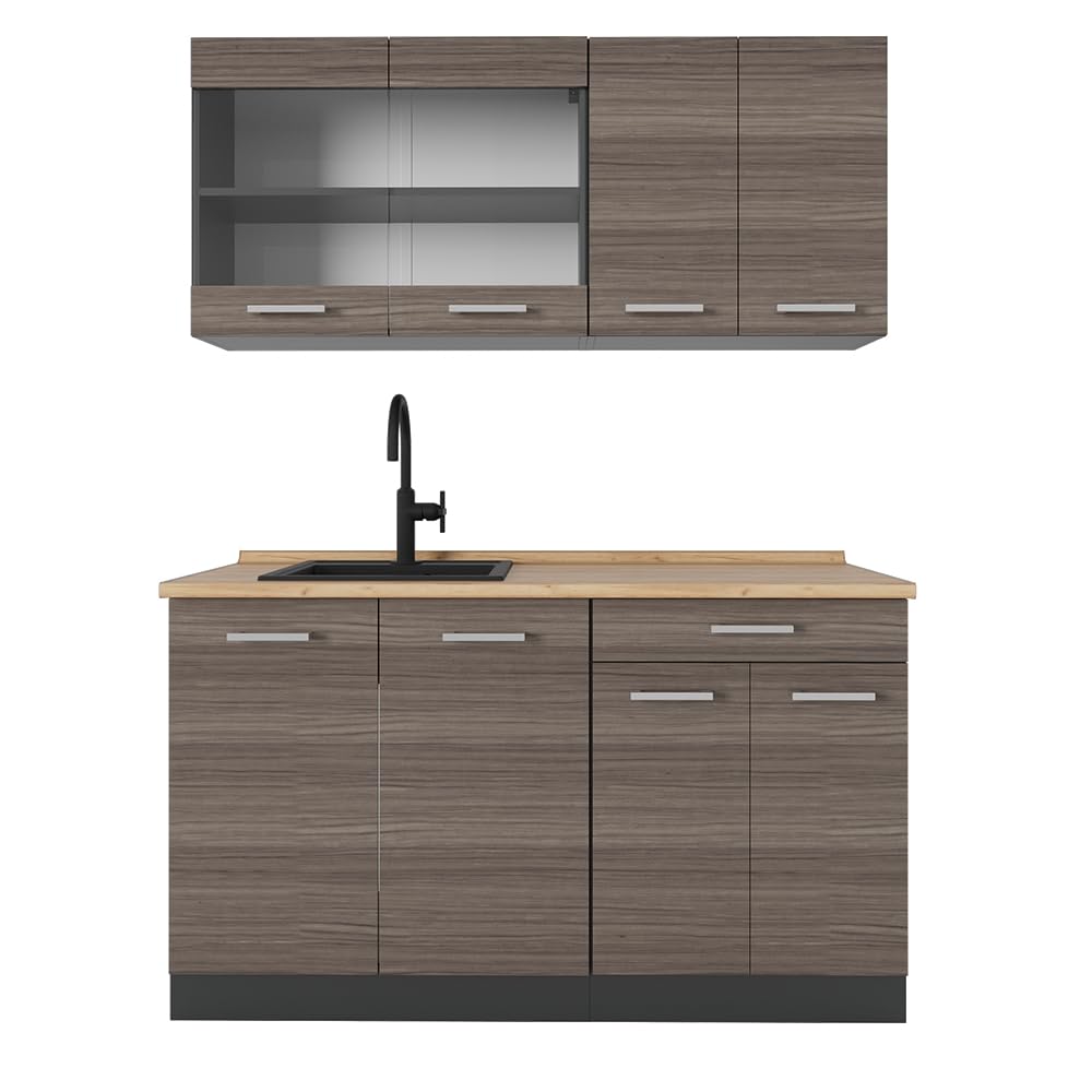 Vicco Single Kitchen R-Line, White High Gloss / Anthracite, 140 cm without Worktop