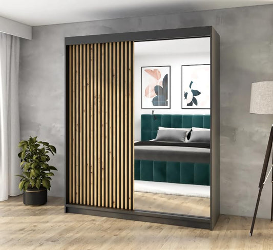 A&J MöbelLand Schwebetürenschrank MIT, 2-türig Kleiderschrank mit Spiegel (Schwarz, 160 cm x 215 cm)