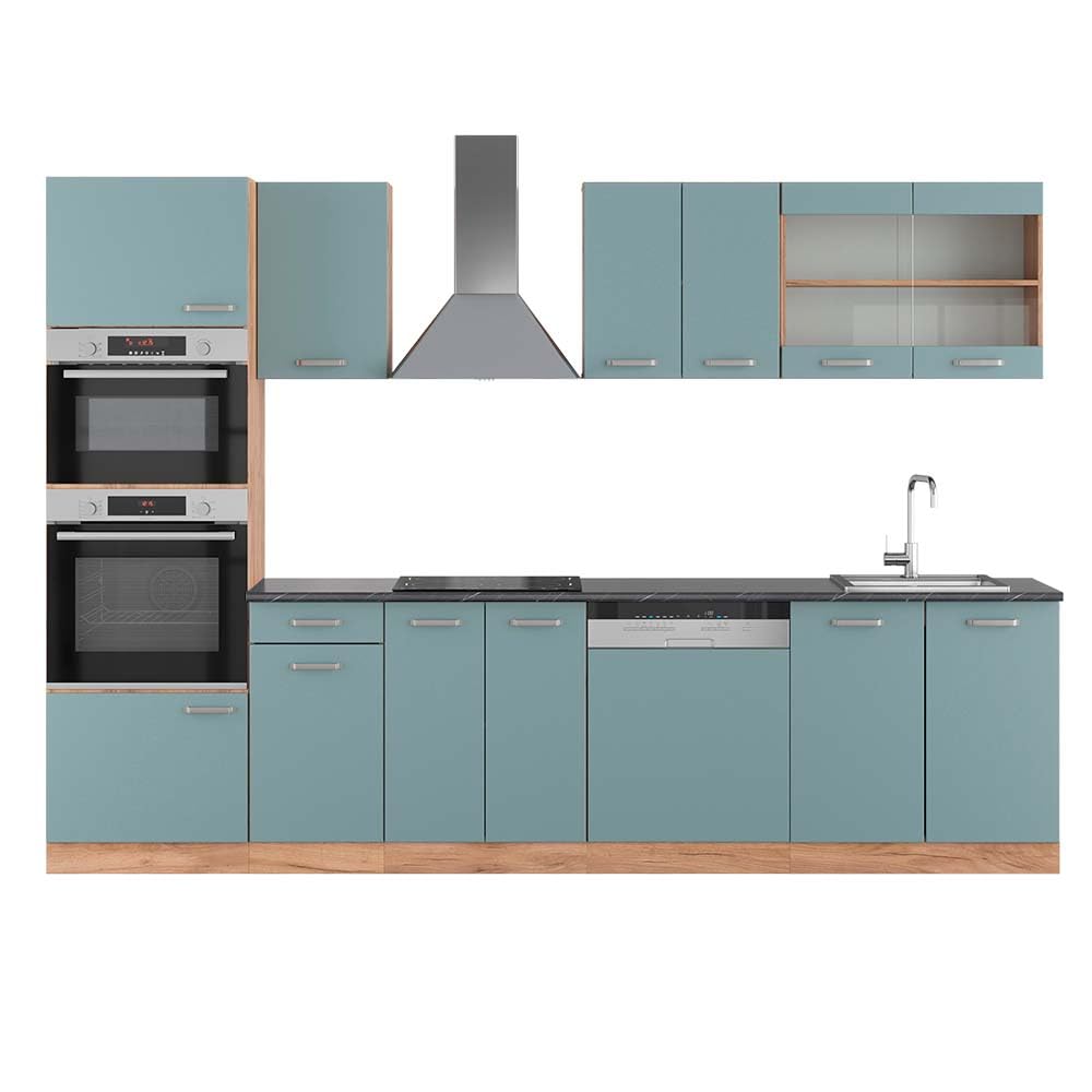 Vicco R-Line Kitchen Unit, High-Gloss Anthracite/Goldkraft Oak, 300 cm with Tall Cabinet, without Worktop
