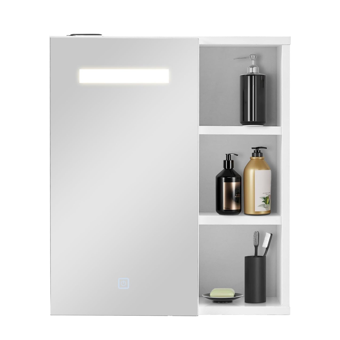 TUKAILAI Mirror Cabinet with LED Lighting, 6 Open Shelves and Adjustable Shelves, Bathroom Mirror with Touch Switch, Bathroom Mirror, Light Mirror, Wall Mirror, Bathroom Cabinet for Bathroom