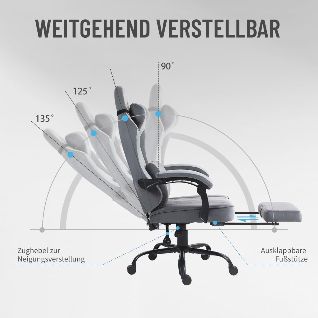 PixelPilot Ergonomic Gaming Chair [Breathable Fabric] Gaming Chair with Footrest, Head and Lumbar Support, Gamer PC Chair Wide Seat, Office Chair 150 kg Load Capacity (Nebula I, Grey)