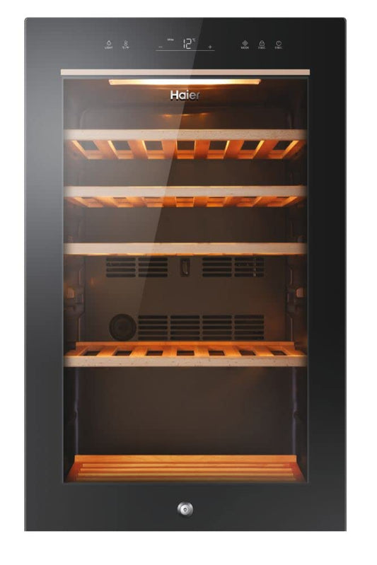 Haier Wine Fridge 50 Series 3 HWS34GGH1 I Wine Climate Cabinet for 34 Bottles I Modern Wine Fridge with UV Glass Door & 5 Wooden Shelves I Wine Cooler with Wi-Fi & Touch Display I Low Vibration