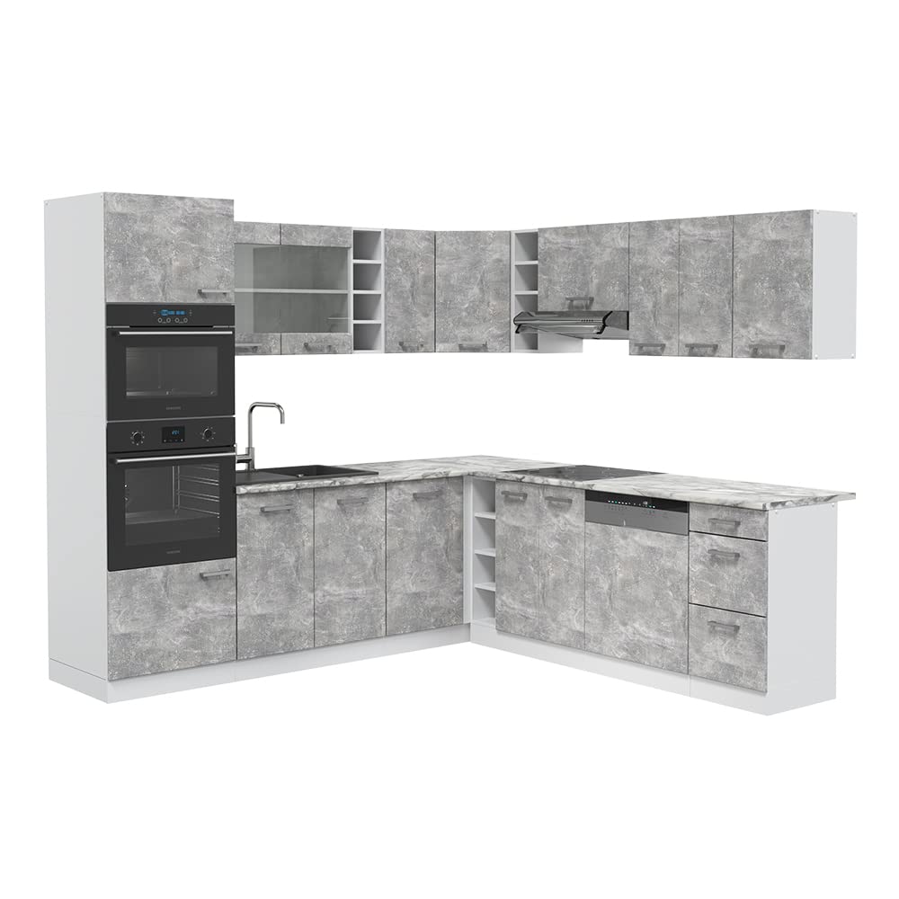 Vicco R-Line Fitted Kitchen Cabinets Country House Kitchen Furniture (White, Corner 247 x 237 cm)