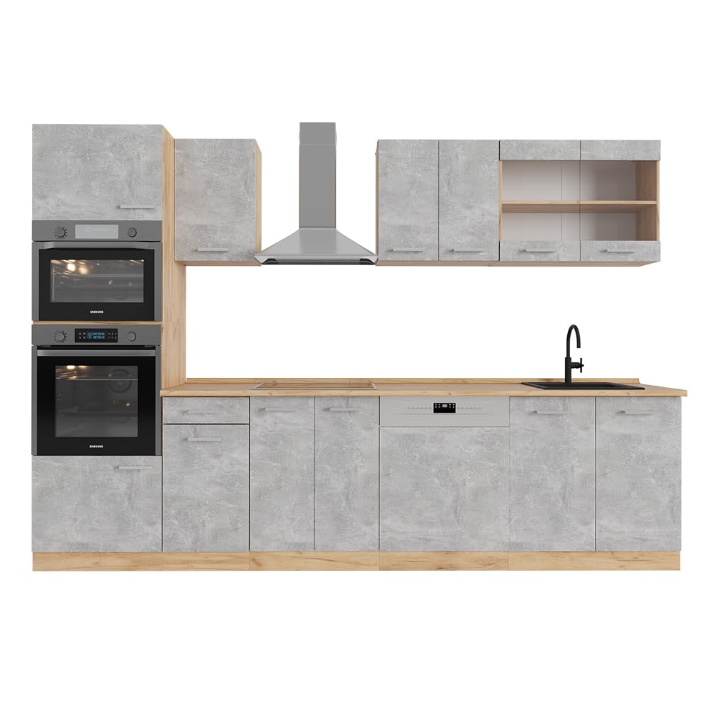 Vicco R-Line Kitchen Unit, High-Gloss Anthracite/Goldkraft Oak, 300 cm with Tall Cabinet, without Worktop
