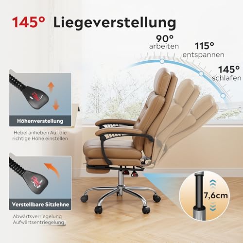 DEVAISE Chefsesse PU Leder, Bürostuhl Ergonomisch mit Fußstütze und Lendenwirbelstütze, Wippfunktion und Winkelverriegelung, Hohe Rückenlehne, Höhenverstellbar, Liegestuhl für Büro & Zuhause, Schwarz