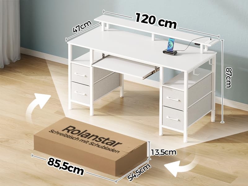 Rolanstar Desk with Drawers, 120 x 47 cm Gaming Table with Socket, LED & Monitor Stand, Computer Desk with Keyboard Tray, Gaming Desk for Home Office, Office, Living Room, White