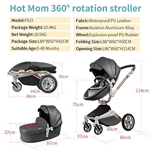 Hot Mom Pram Set with 360° Rotation Function, Combination Pushchair 3-in-1 Equipped with PU Tyres and Faux Leather Seat and Many Other Accessories, Dark Grey