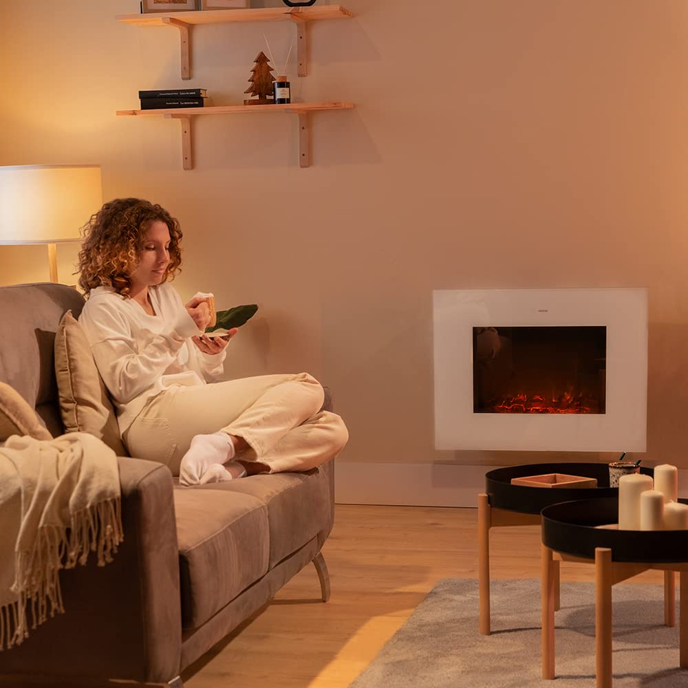 Cecotec Ready Warm 2200 Curved Flames Electric Fireplace with Remote Control, 22 Inch, 2000 W with 2 Power Levels, Curved Tempered Glass Scoreboard, 2 LED Lights, 20 m2