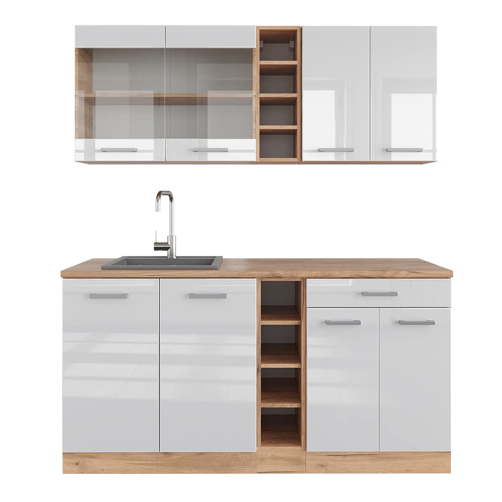 Vicco Single Kitchen R-Line Anthracite High Gloss / Goldkraft Oak 160 cm without Worktop