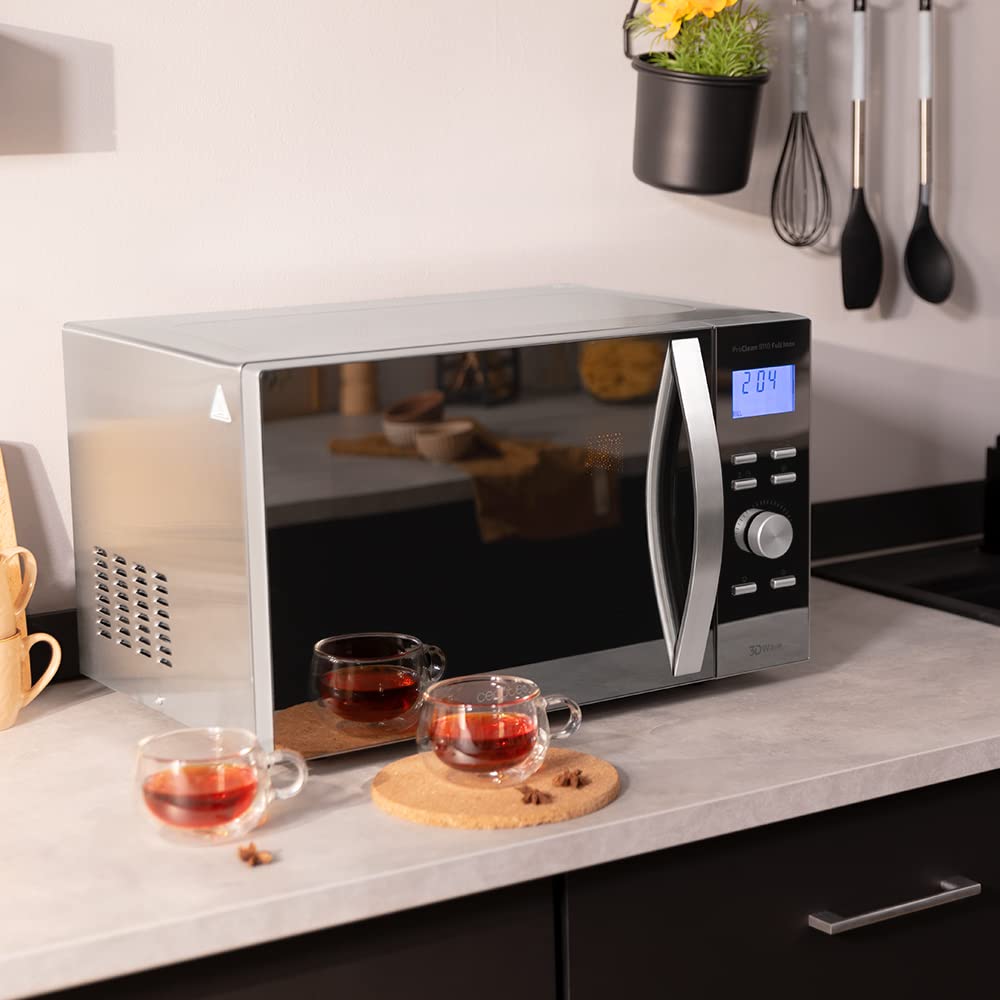 Cecotec Microwave Pro Clean 6110. 800 W, Grill 1000 W, 23 L, Ready 2 Clean Coating, 3D Wave Front Mirror, 8 Programmes, 100 Minute Timer, LED, Stainless Steel in Black / Silver