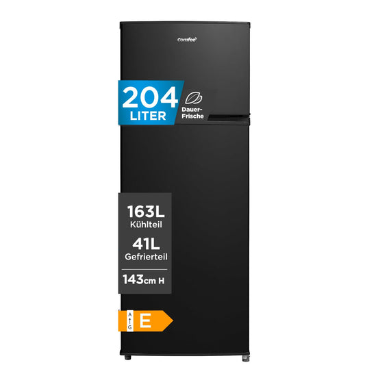 Comfee RCT284DK2A Fridge/Freezer, Top Freezer Compartment, 176 kWh/Year, 143 cm Height, LED Light, Reversible Door Hinge, Black