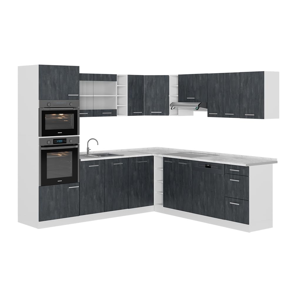Vicco R-Line Fitted Kitchen Cabinets Country House Kitchen Furniture (White, Corner 247 x 237 cm)