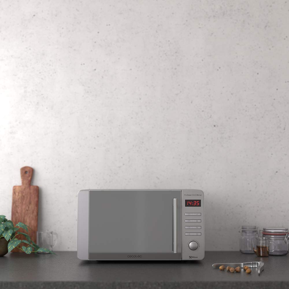 Cecotec Microwave Pro Clean 5020 Mirror, 700 W, 20 L Polished, 3D Wave, Ready 2 Clean, LCD, 60 Minutes Cooking Timer, 8 Programmes, Stainless Steel in Silver