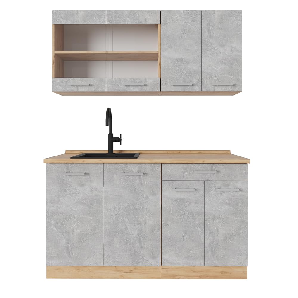 Vicco Single Kitchen R-Line, Black High Gloss / Gold Kraft Oak 140 cm, without Worktop