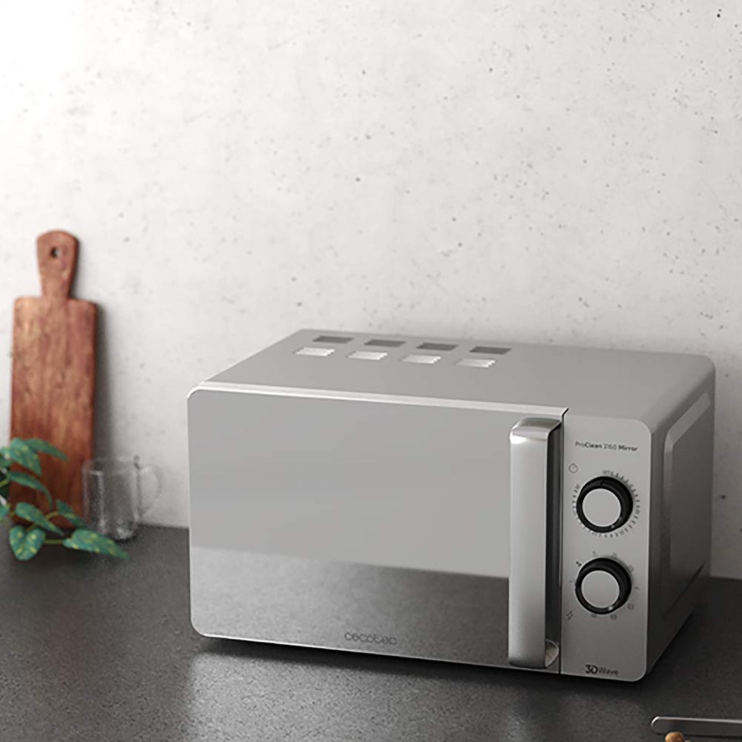 Cecotec Microondas ProClean 3160 Mirror, 20 L, Ready2Clean Coating, 800 W Grill, 9 Levels, 30 min Timer, 3D Wave Technology, Silver, Mirrored Door