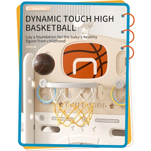 Rutsche mit Klettergerüst für Kinder: Indoor Spielplatz mit - Aufbewahrungsbox Tunnel Treppenleiter Basketballkorb und Durchgangsbereich Gartenrutsche (Star Set-G-Brown)