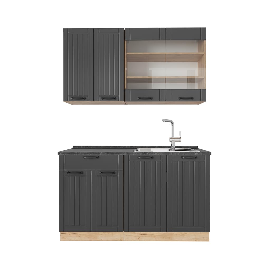 Vicco Kitchen Unit, Kitchen Block, Fitted Kitchen, Fame-Line, Single, Country House, 140 cm, Modern Kitchen Cabinets, Sink Cabinets, Drawers Cabinet Base, Wall Cupboard, Wall Glass Cabinet (Oak, Anthracite, Gold)