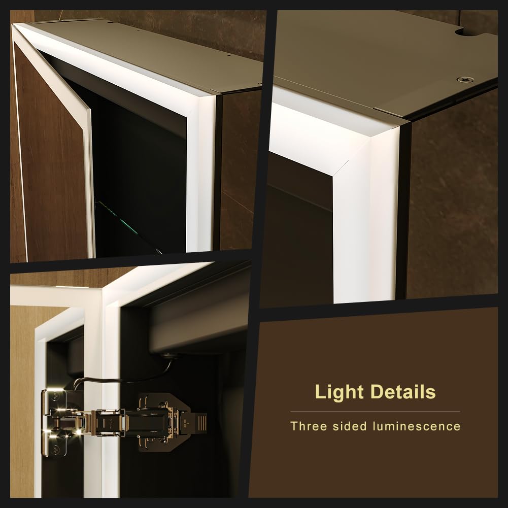KWW LED Beleuchtetes Badezimmer Medizin Kabinett mit Spiegel, Farbtemperatur Einstellbar, Anti-Nebel Dimmbare Lichter, Steckdosen für USBs (75 x 70 cm)