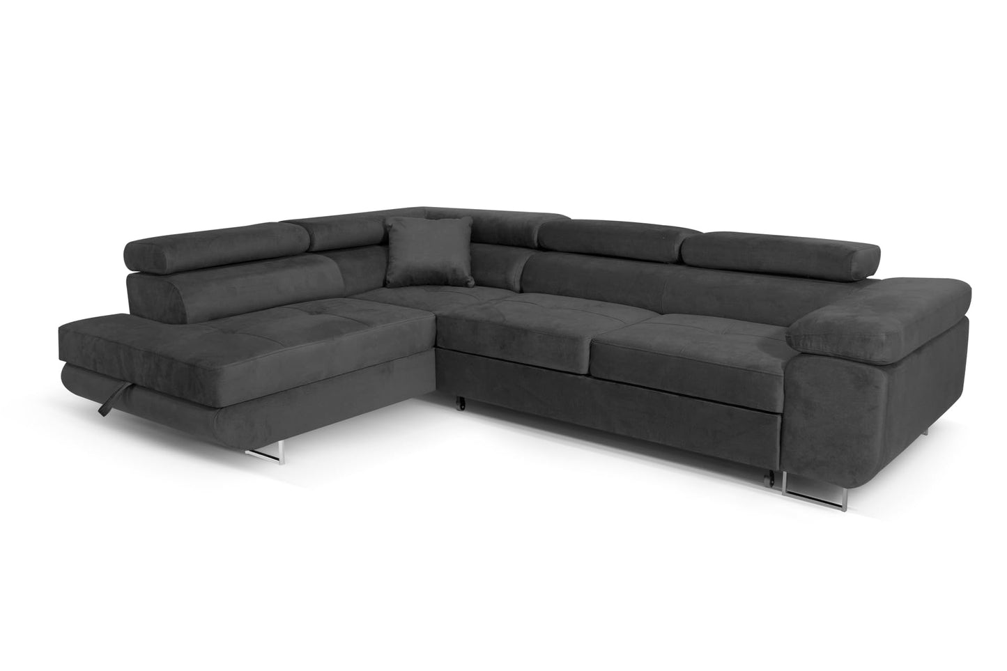 Aller L-Shaped Corner Sofa with Sleep Function and Bed Box in Jasmine, Left Ottoman (Dark Grey)