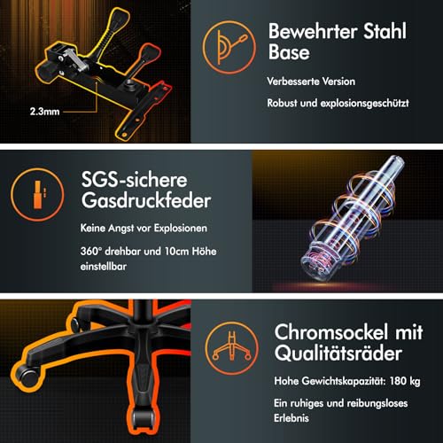 ALFORDSON Gaming-Stuhl mit Massage-Lendenwirbelkissen, ergonomischer Gamer-Racer-Stuhl mit Verstellbarer Rückenlehne, Drehstuhl mit Fußstütze, höhenverstellbar, Schwarz