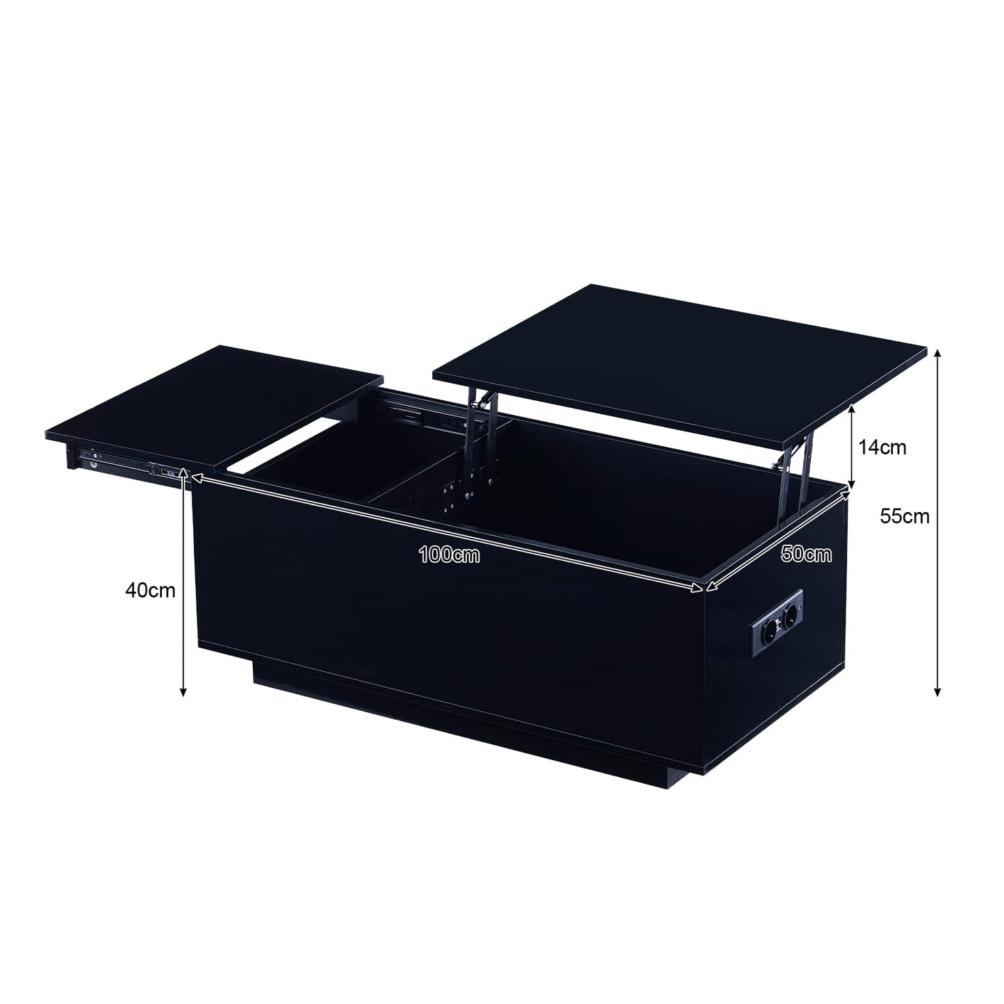 CLIPOP High Gloss Coffee Table, Height-Adjustable Living Room Table, with LED Lighting, Adjustable Light Colours, Socket and USB, Side Table with Hidden Storage Compartment, Black