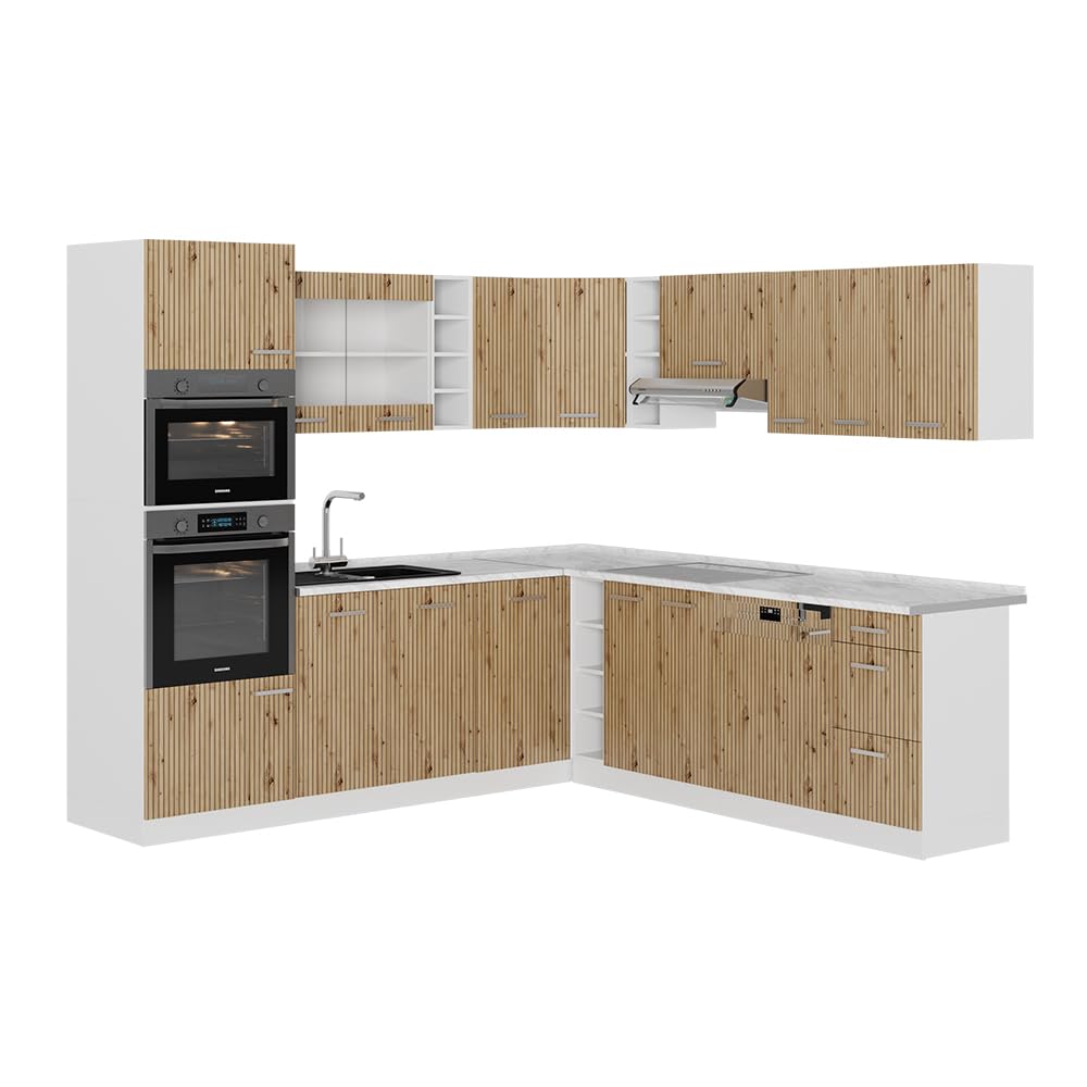 Vicco R-Line Fitted Kitchen Cabinets Country House Kitchen Furniture (White, Corner 247 x 237 cm)