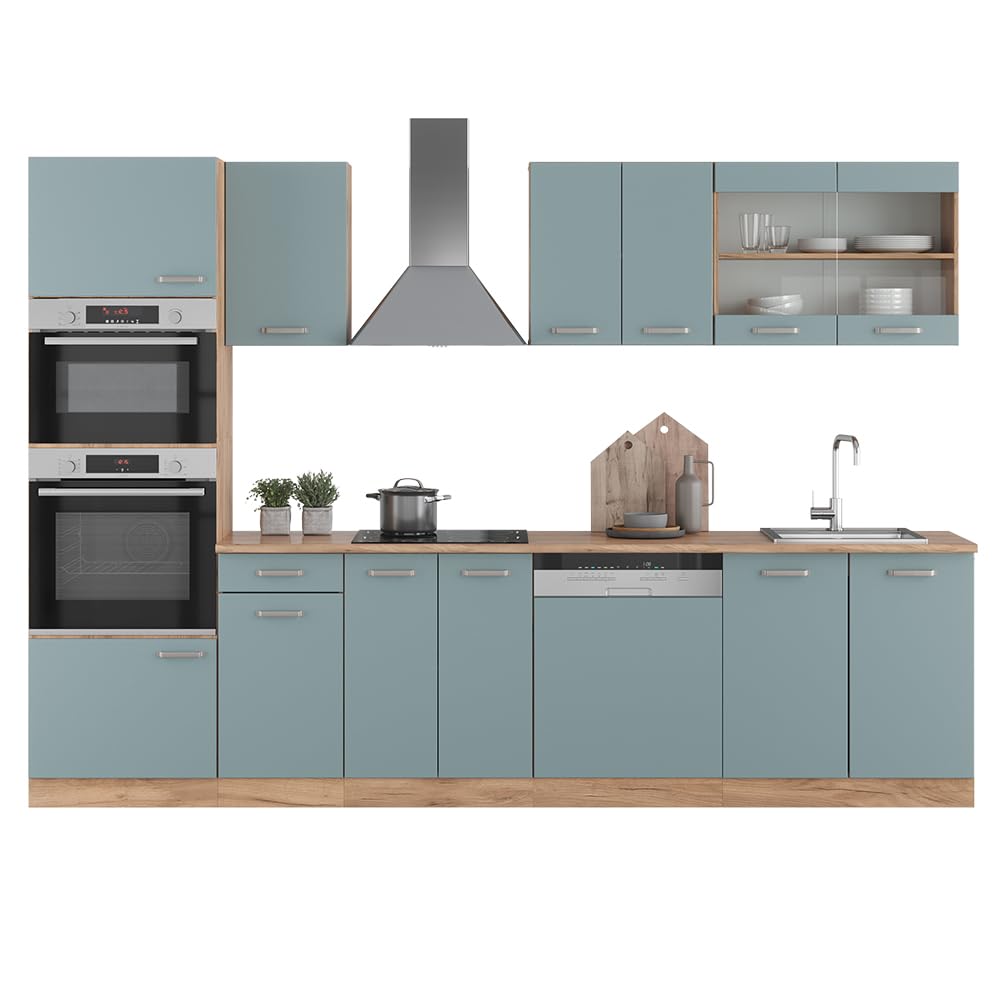 Vicco R-Line Kitchen Unit, High-Gloss Anthracite/Goldkraft Oak, 300 cm with Tall Cabinet, without Worktop