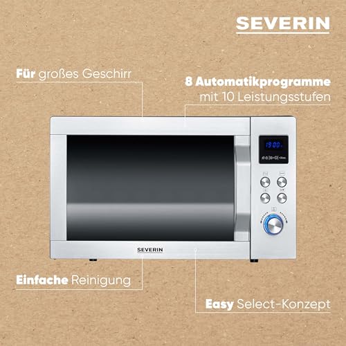 SEVERIN MW 7774 Microwave with Grill and Hot Air Function 3-in-1 for Defrosting, Cooking and Heating, Microwave with Turntable, Brushed Stainless Steel/Silver