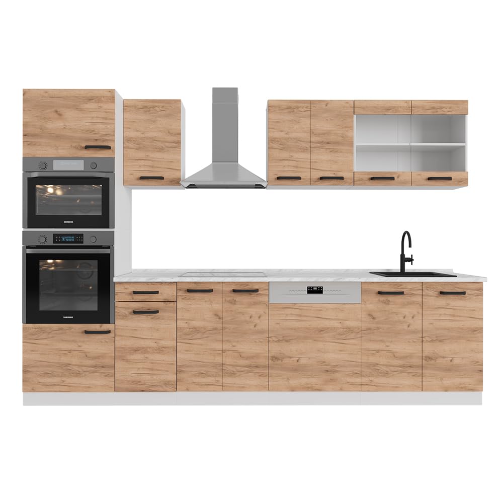 Vicco R-Line Kitchen Unit, High-Gloss Anthracite/White, 300 cm with Tall Cabinet, without Worktop