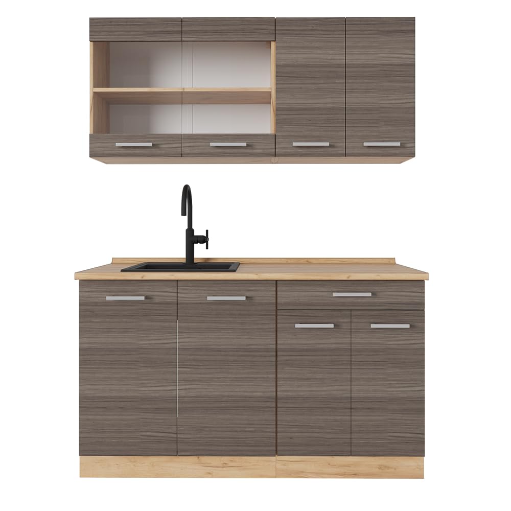 Vicco Single Kitchen R-Line, Black High Gloss / Gold Kraft Oak 140 cm, without Worktop