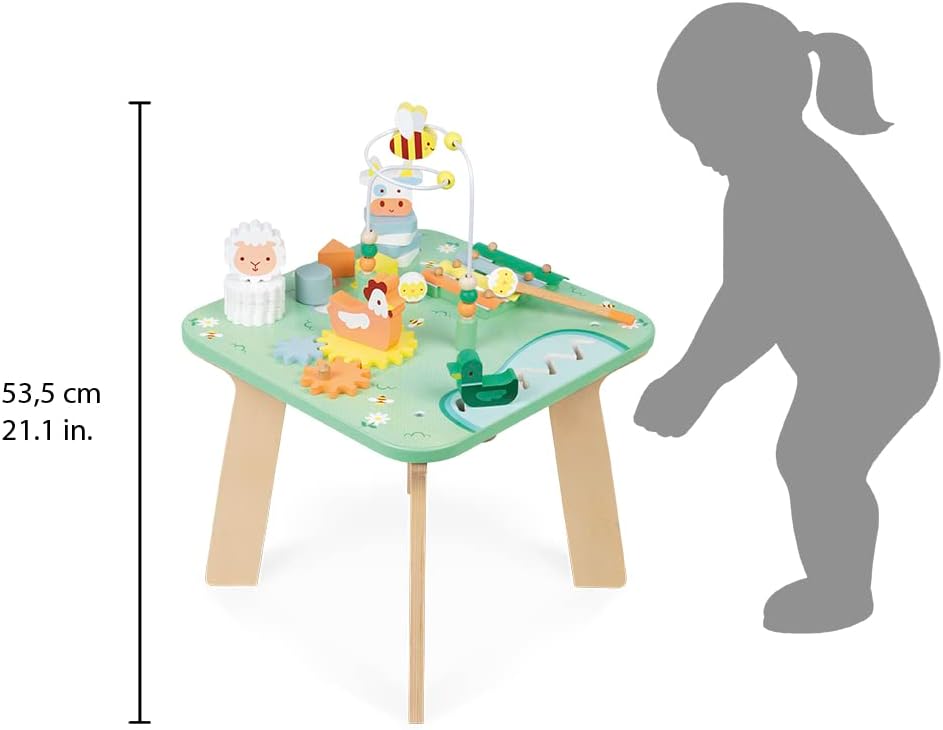 Janod - Jolie Prairie Activity Table - Wooden Play Table with 7 Activities - Multi-Activity Wooden Table with Animal Motifs - Motor Skills Development and Early Musical Education - From 12 Months,