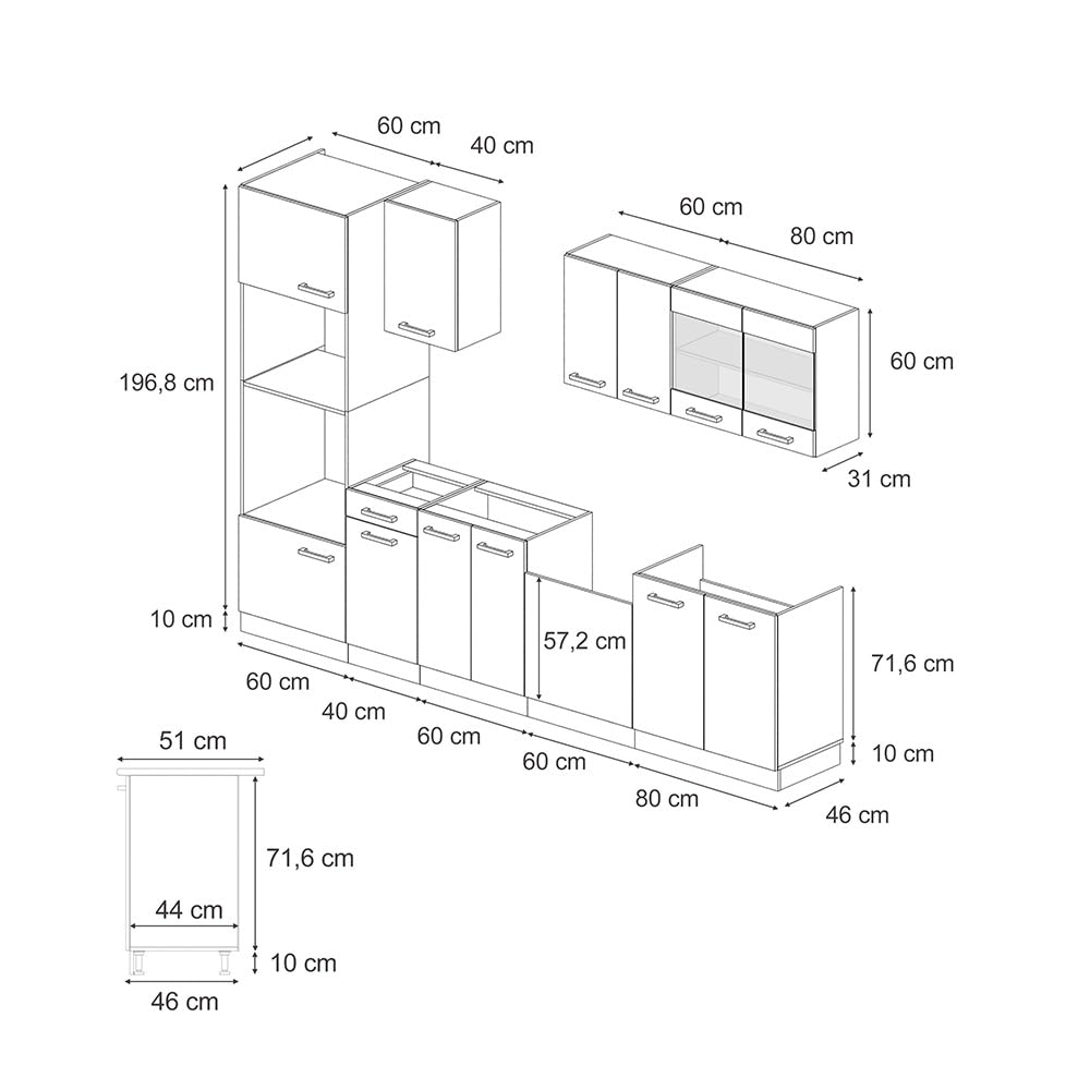 Vicco R-Line Kitchen Unit, High-Gloss Anthracite/White, 300 cm with Tall Cabinet, without Worktop