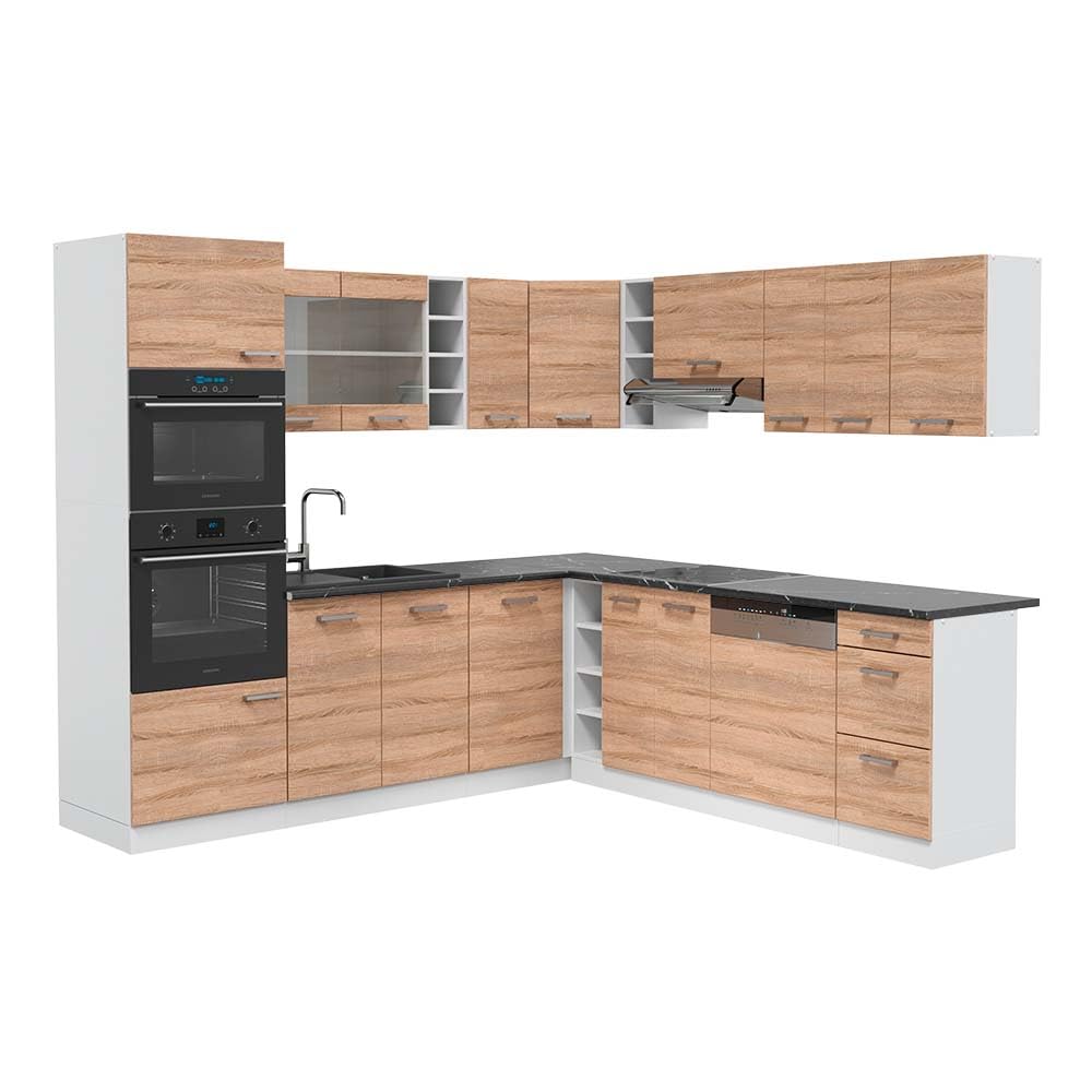 Vicco R-Line Fitted Kitchen Cabinets Country House Kitchen Furniture (White, Corner 247 x 237 cm)