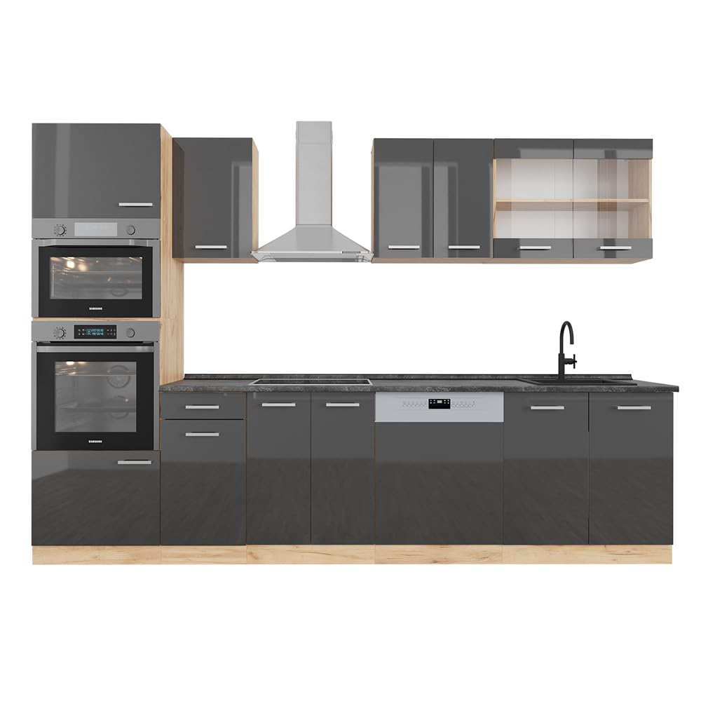 Vicco R-Line Kitchen Unit, High-Gloss Anthracite/Goldkraft Oak, 300 cm with Tall Cabinet, without Worktop