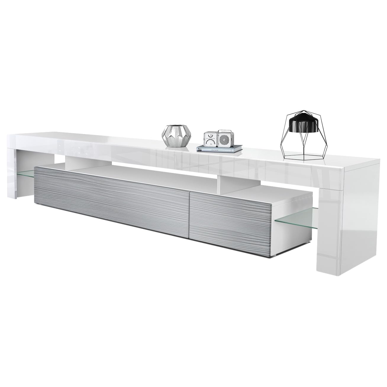 Vladon TV Stand Unit Lima V2, Carcass in White/Front in Black High Gloss