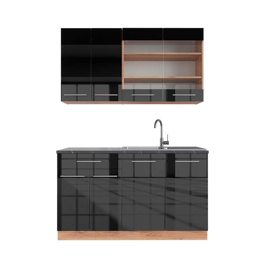 Vicco Kitchen Unit, Kitchen Block, Fitted Kitchen, Fame-Line, Single, Country House, 140 cm, Modern Kitchen Cabinets, Sink Cabinets, Drawers Cabinet Base, Wall Cupboard, Wall Glass Cabinet (Oak, Anthracite, Gold)