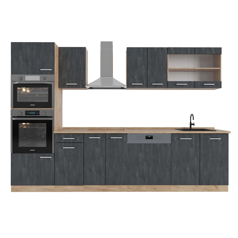 Vicco R-Line Kitchen Unit, High-Gloss Anthracite/Goldkraft Oak, 300 cm with Tall Cabinet, without Worktop