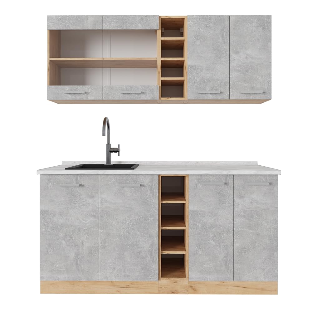 Vicco Single Kitchen R-Line Anthracite High Gloss / Goldkraft Oak 160 cm without Worktop