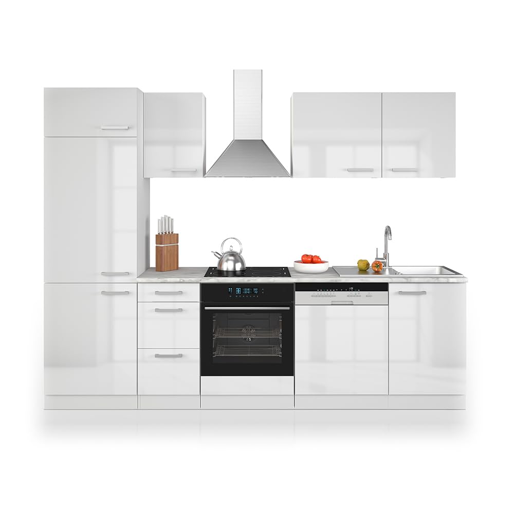 Vicco Küchenzeile Optima, Weiß Hochglanz/Weiß, 270 cm ohne Arbeitsplatte