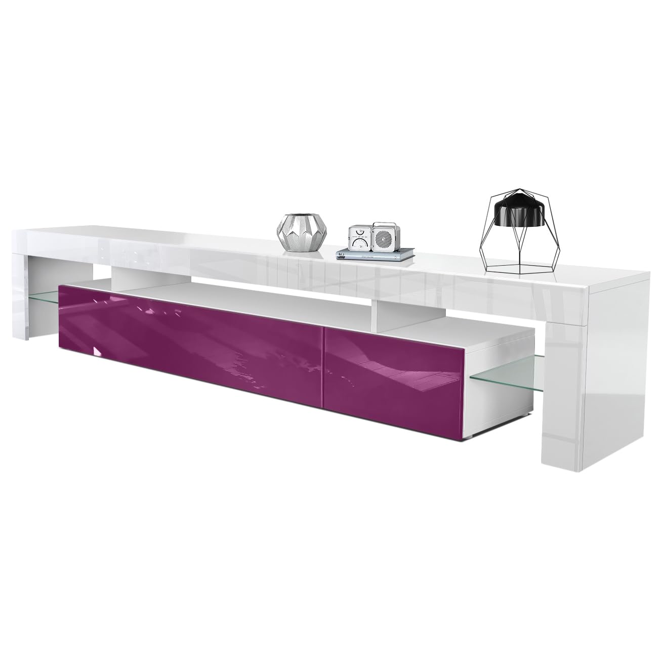 Vladon TV Stand Unit Lima V2, Carcass in White/Front in Black High Gloss