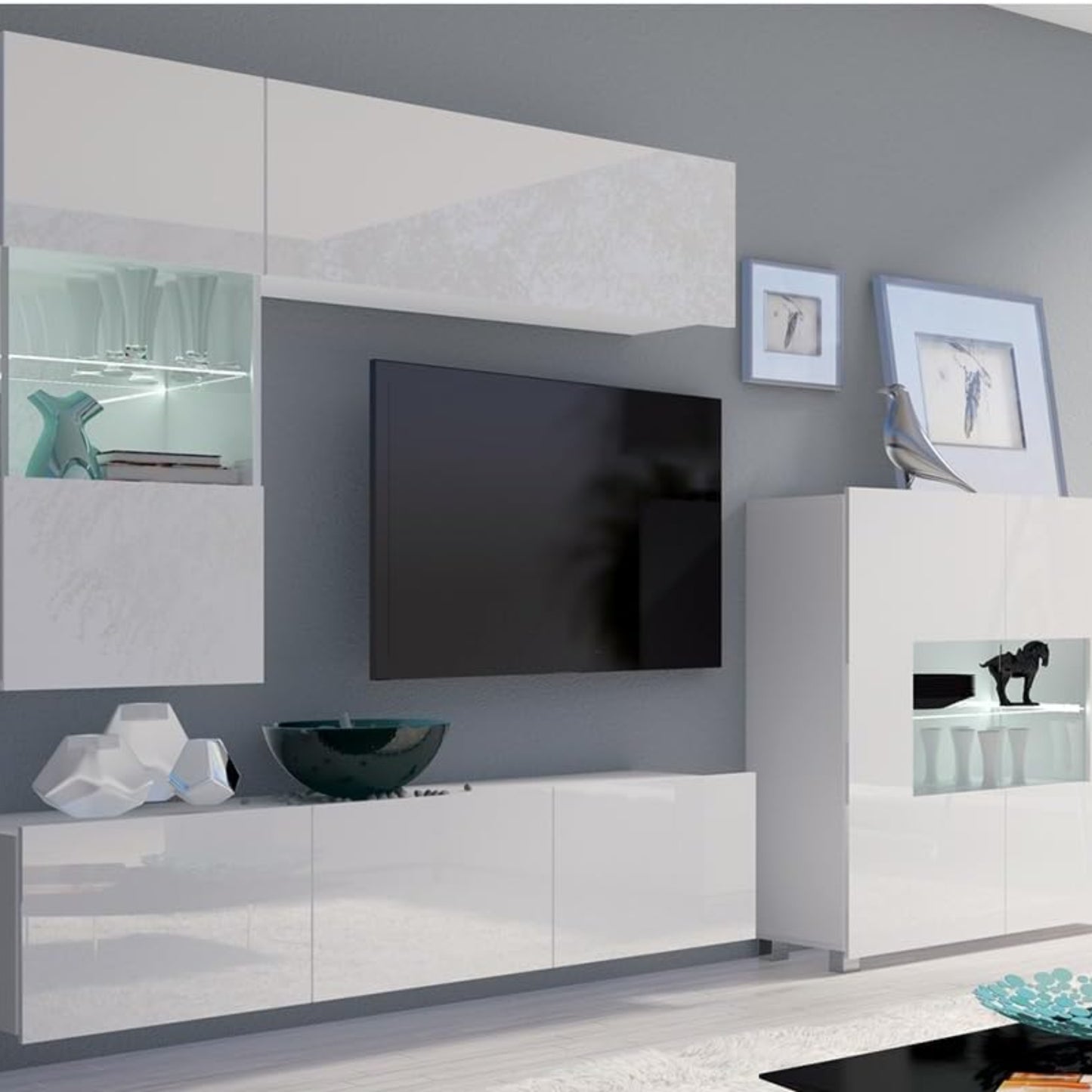 Lomadox Wall Unit White High Gloss 4-Piece Modern with 1 TV Lowboard, 1 Wall Cabinet, 1 Hanging Display Cabinet, 1 Highboard
