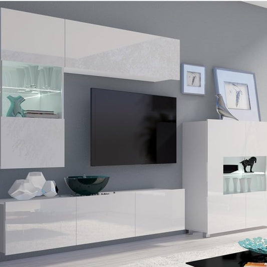 Lomadox Wall Unit White High Gloss 4-Piece Modern with 1 TV Lowboard, 1 Wall Cabinet, 1 Hanging Display Cabinet, 1 Highboard