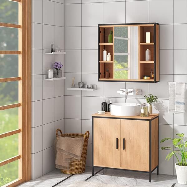 EUGAD Bathroom Mirror Cabinet with Mirror, Cabinet with Bathroom Mirror, Wall Cabinet Bathroom with Adjustable Shelves, Made of Metal Wood Material, 60 x 58 x 16 cm