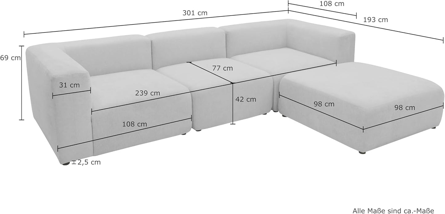 DOMO. collection Adrian Modular Sofa, 3-Seater Made of 2 x Corner Chairs and 1 x Chair, Big Sofa, Module Couch, 3 Upholstery Elements, 3-Seater Couch, 301 x 108 x 69 cm (W x D x H), Cream