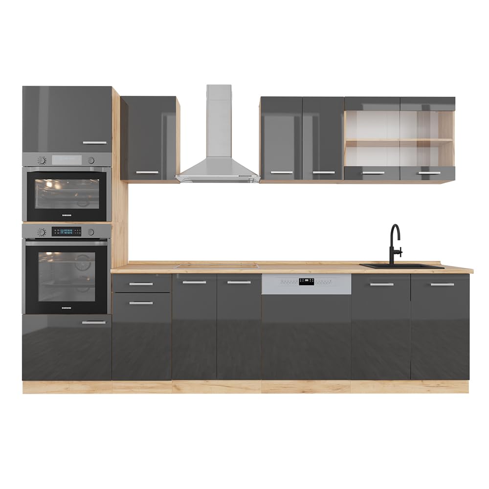 Vicco R-Line Kitchen Unit, High-Gloss Anthracite/Goldkraft Oak, 300 cm with Tall Cabinet, without Worktop