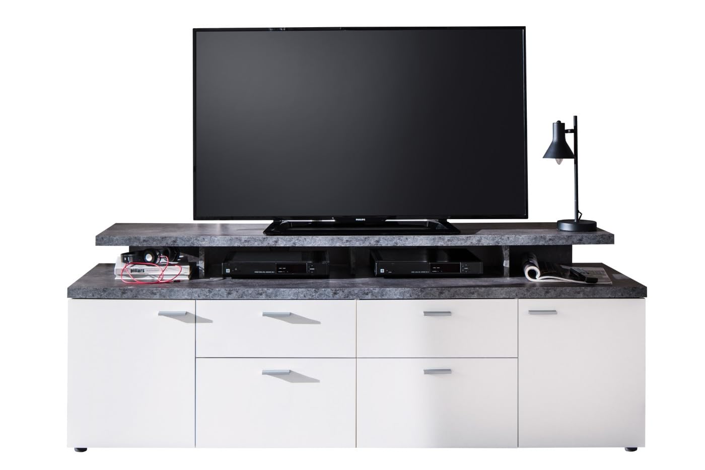 trendteam smart living - Mood - TV cabinet - white/grey - TV lowboard with 2 doors, 2 drawers and 2 flaps - (W x H x D) 180 x 66 x 47 cm - cable guide