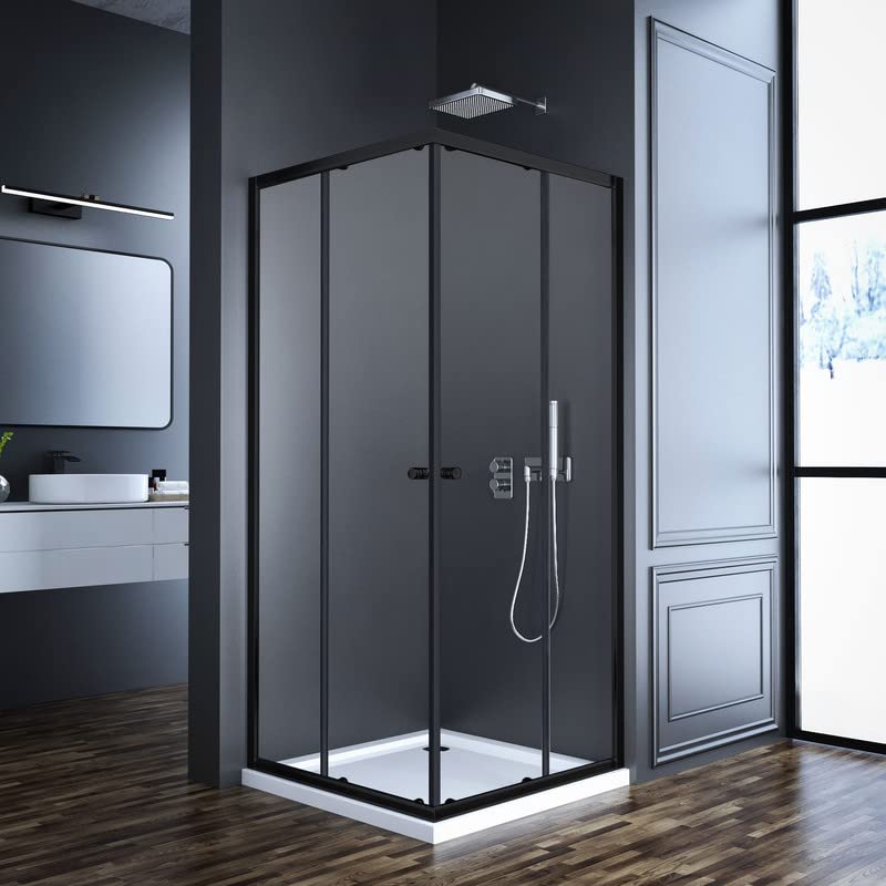 Shower Cubicle Black Double Sliding Door with Corner Entry 75 x 75 cm Shower Screen Sliding Doors Shower Enclosure 6 mm Tempered Glass Height 185 cm Shower Door