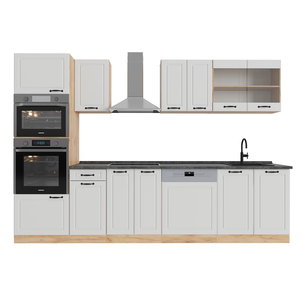 Vicco R-Line Kitchen Unit, High-Gloss Anthracite/Goldkraft Oak, 300 cm with Tall Cabinet, without Worktop